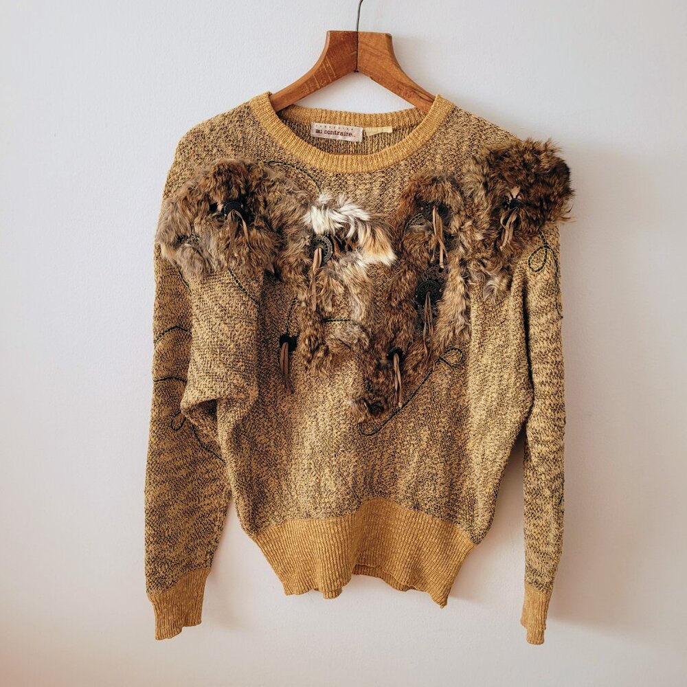 Vintage Connexion Au Contraire (France) Fur Appliqué Sweater-LARGE